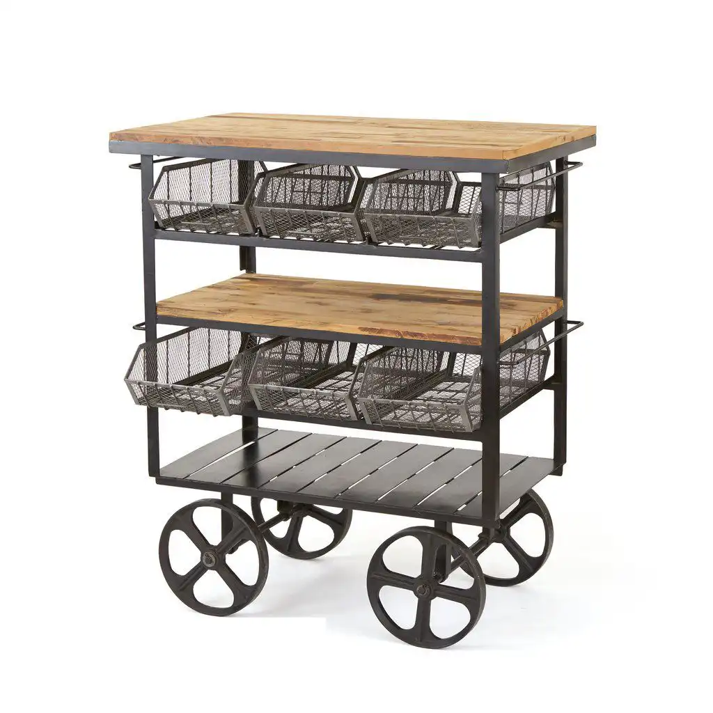 Wooden & Iron 3 Tier Industrial Trolley with 6 Drawers & Wheels - popular handicrafts